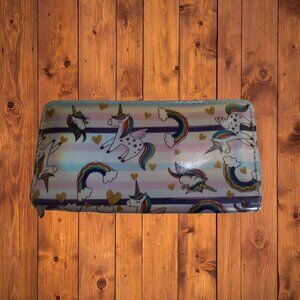 Unicorn Rainbow Striped Zip Around Glossy Wallet Colorful